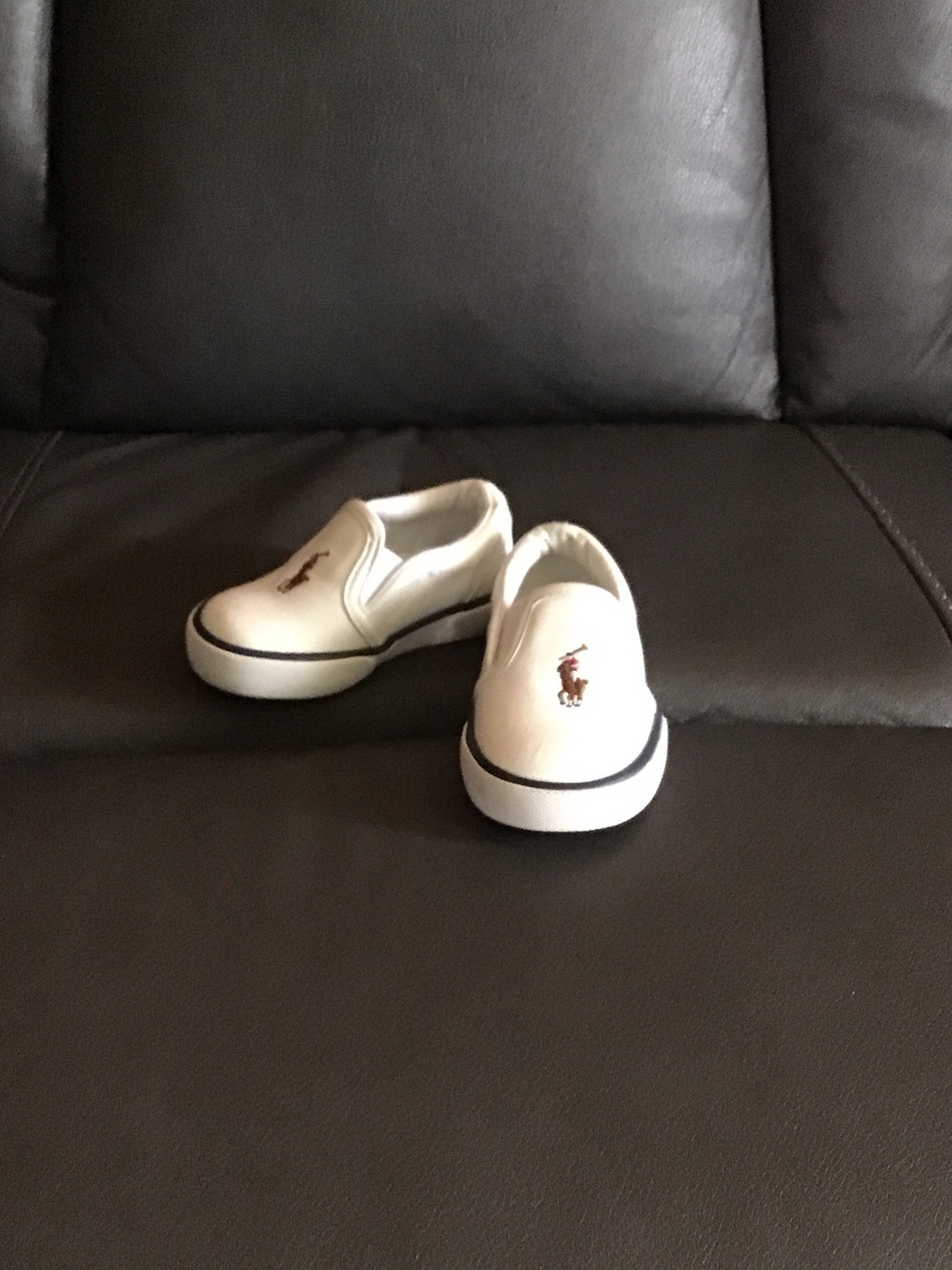Ralph Lauren White Slip-On Sneakers with Navy Trim and Embroidered Pony